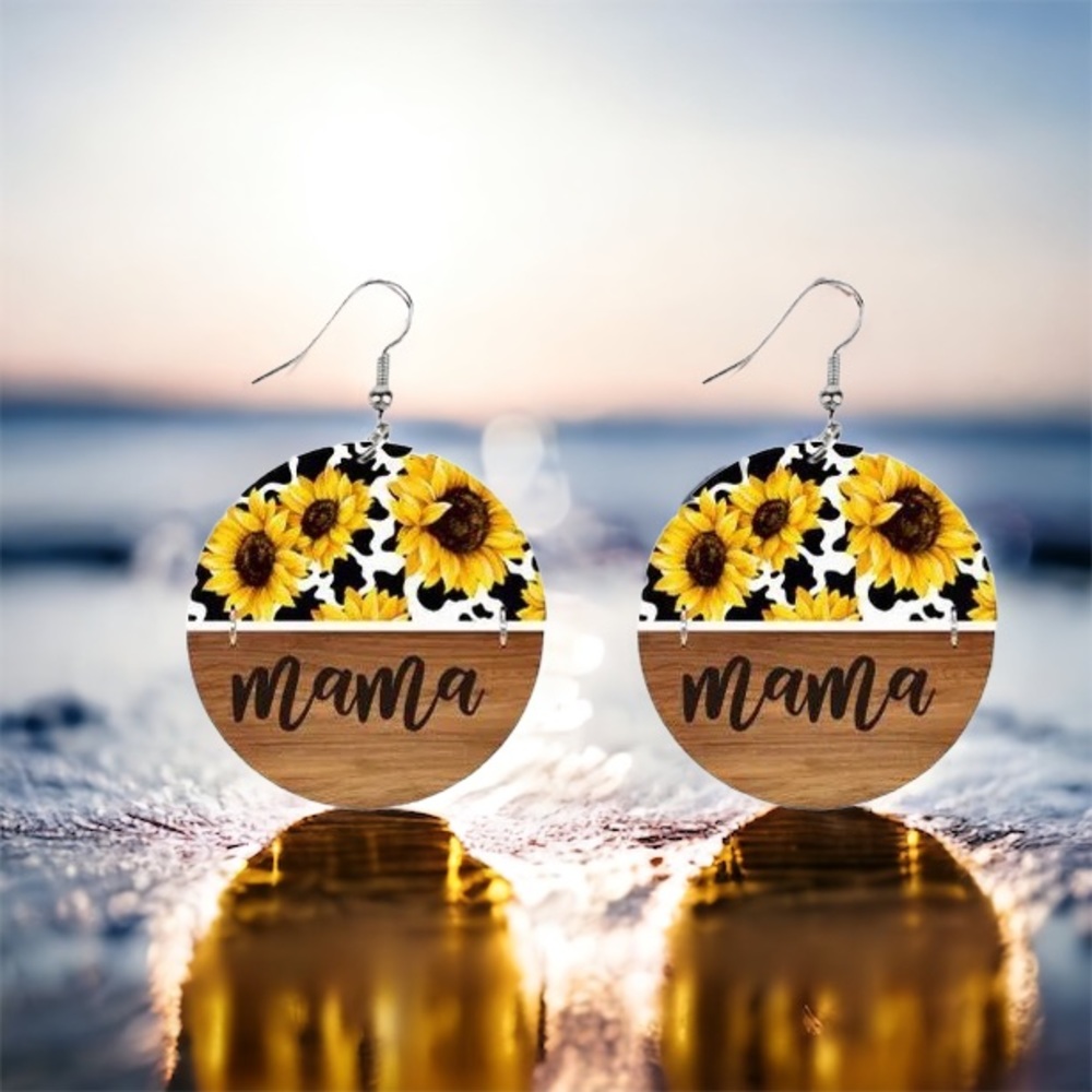 Wooden mama sunflower earrings